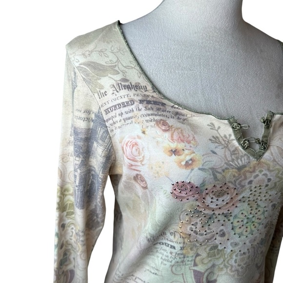 Y2K Vintage One World Floral Rhinestone Embellished Cotton Blend USA Made Blouse - Picture 2 of 9